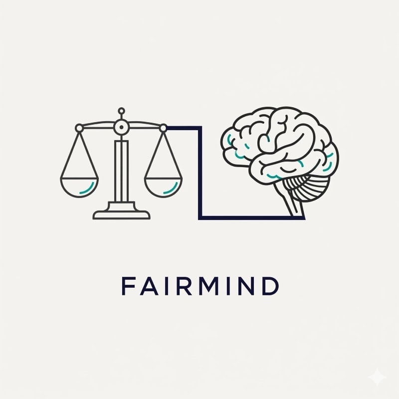 Visual representation of fairness (scales of justice) and intelligence (brain icon), illustrating how cognitive assessments minimize bias and promote objective evaluation in hiring. Keywords: HR tech, fairness, intelligence, bias reduction.