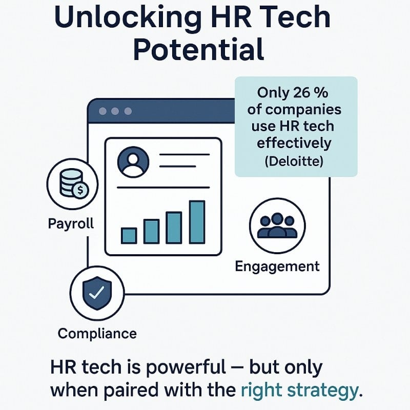 Infographic titled ‘Unlocking HR Tech Potential’ showing a dashboard with payroll, compliance, and engagement icons, Deloitte stat that only 26% of companies use HR tech effectively, and caption stressing HR tech works best with the right strategy.