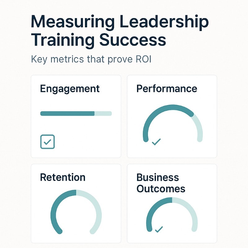 Leadership training success dashboard with four metrics—engagement, performance, retention, and business outcomes—each shown with progress gauges and checkmarks to highlight ROI measurement.”