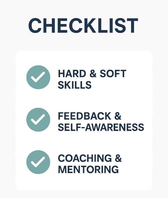 Leadership training checklist highlighting three core components: hard and soft skills, feedback and self-awareness, and coaching and mentoring.