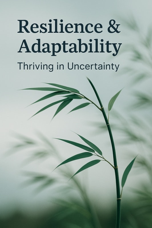 Bamboo bending gracefully in the wind with text overlay ‘Resilience & Adaptability: Thriving in Uncertainty,’ symbolizing leadership strength and flexibility.