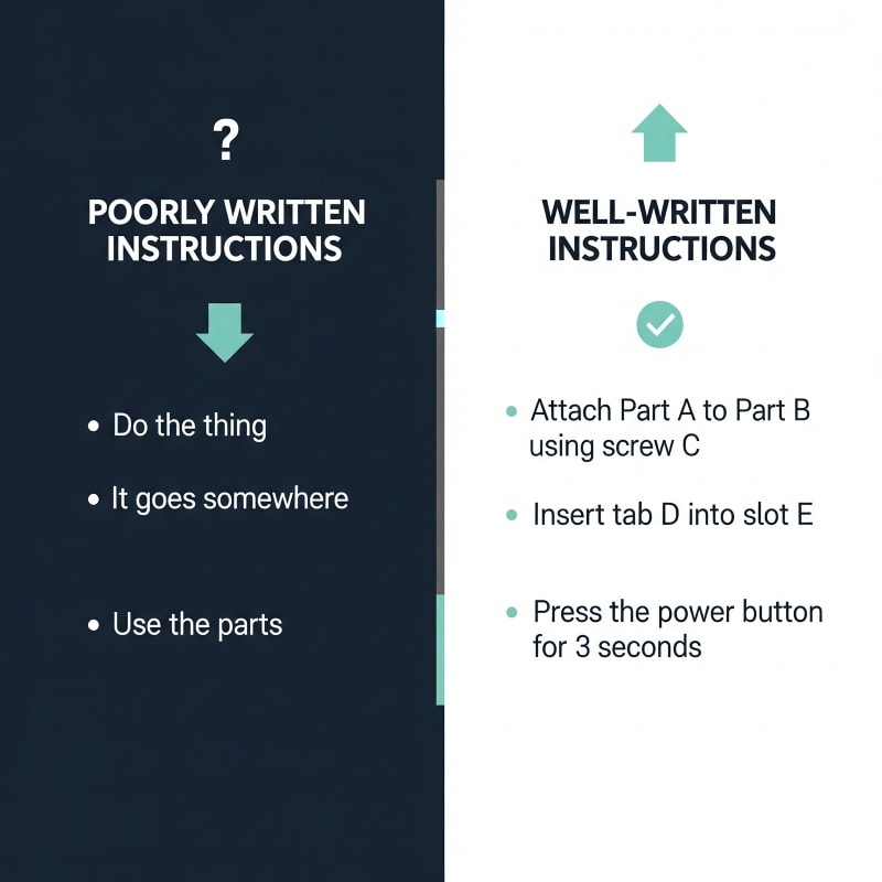 Visual contrasting poorly written instructions (confusing, vague) versus well-written instructions (clear, concise). Left side shows vague examples like 'Do the thing,' 'It goes somewhere,' with a question mark and downward arrow. Right side shows specific, actionable examples like 'Attach Part A to Part B using screw C,' with a checkmark and upward arrow. Design uses a dark navy, light teal, and white palette, with a minimalist, professional aesthetic.