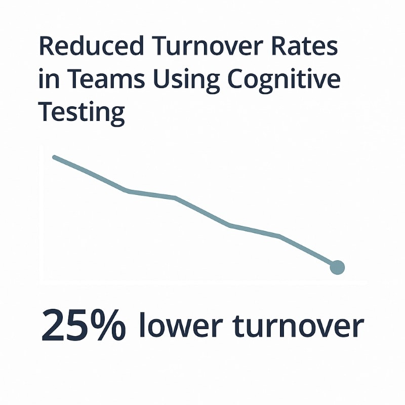 A clean, minimalist infographic showing reduced turnover in teams using cognitive testing. The title reads: “Reduced Turnover Rates in Teams Using Cognitive Testing.” Below it, a teal line graph trends downward from left to right, ending in a bold teal dot. At the bottom, large navy text states: “25% lower turnover.” The visual uses a soft gray background and sans-serif typography, emphasizing the measurable ROI of cognitive testing in hiring.