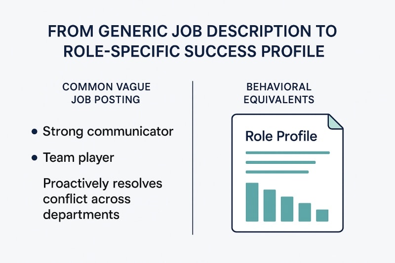 A clean, two-column infographic titled “From Generic Job Description to Role-Specific Success Profile.” The left column lists vague job traits: “Strong communicator” and “Team player.” The right column displays behavioral equivalents, with a mock role profile document showing teal bar graphs and lines of text. The visual uses a minimalist design with navy and teal accents on a light gray background.