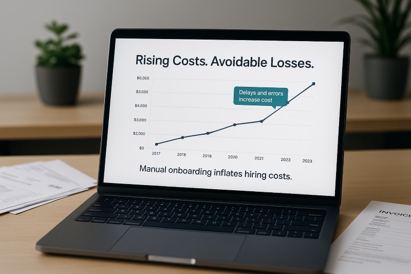 Laptop screen displaying a rising cost-per-hire graph with annotation ‘Delays and errors increase cost,’ illustrating how manual onboarding inflates hiring costs in HR.