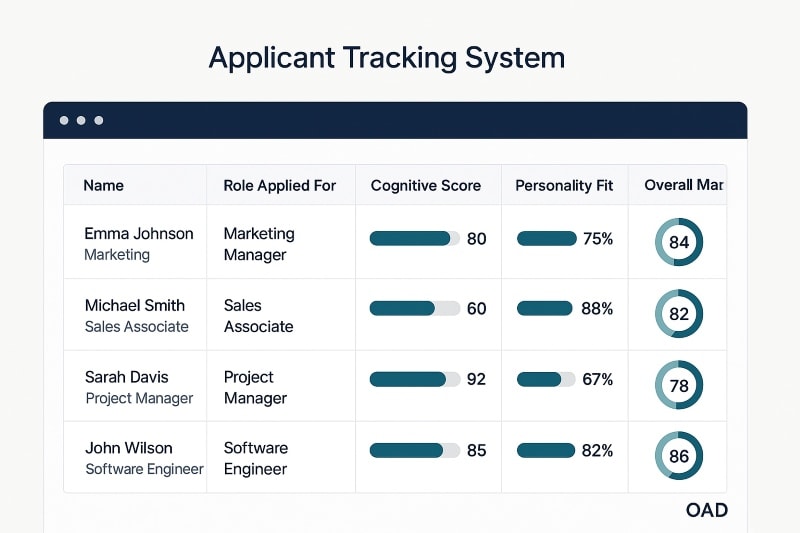 Applicant Tracking System (ATS) dashboard mockup showing candidate assessment scores. Table includes candidate names, applied roles, cognitive score bars, personality fit percentages, and overall match scores displayed with teal progress indicators.