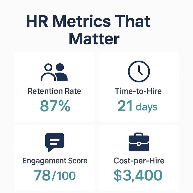 "Infographic titled ‘HR Metrics That Matter’ displaying four key HR metrics: retention rate 87%, time-to-hire 21 days, engagement score 78/100, and cost-per-hire $3,400, highlighting the impact of data-driven HR