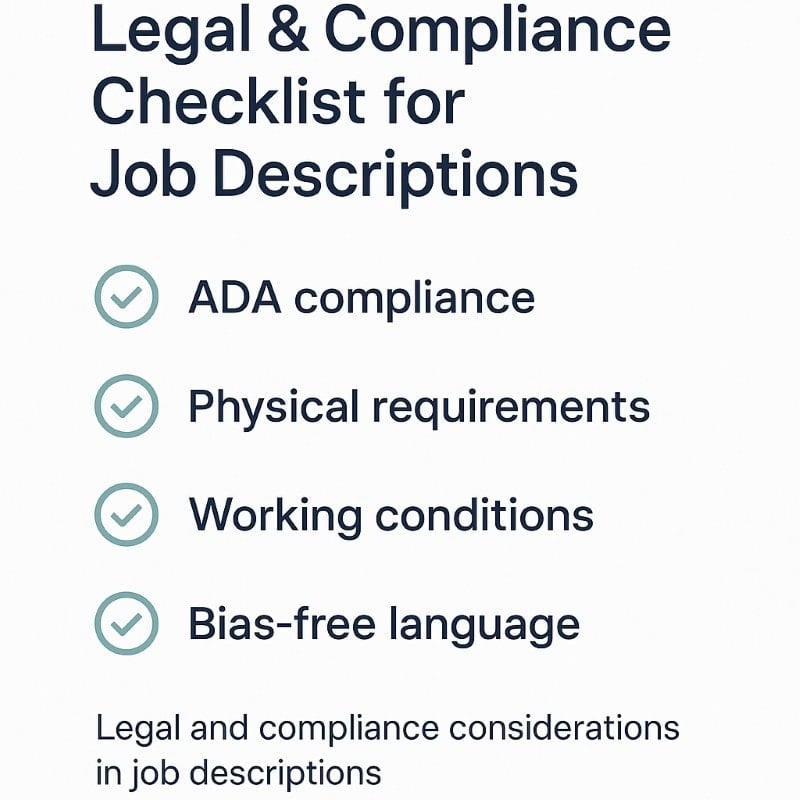 Infographic checklist for job descriptions highlighting key legal and compliance considerations: ADA compliance, physical requirements, working conditions, and bias-free language.