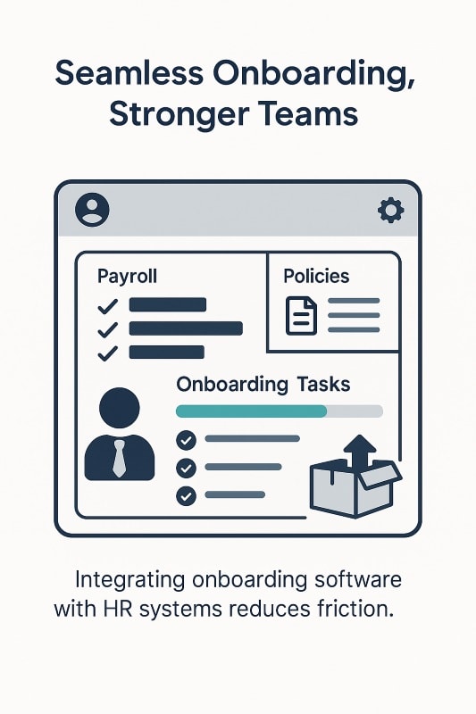 Infographic showing an HR dashboard with payroll, policies, and onboarding tasks modules, illustrating how integrating onboarding software with HR systems reduces friction for HR leaders.