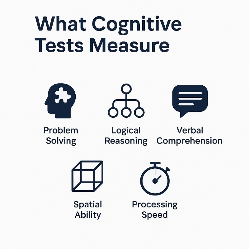 Infographic titled “What Cognitive Tests Measure” on a clean white background. It features five navy-blue icons with labels: a head with a puzzle piece for "Problem Solving," a branching diagram for "Logical Reasoning," a speech bubble for "Verbal Comprehension," a 3D cube for "Spatial Ability," and a stopwatch for "Processing Speed." The layout is minimalist and professional, matching a psychology-focused HR brand aesthetic.