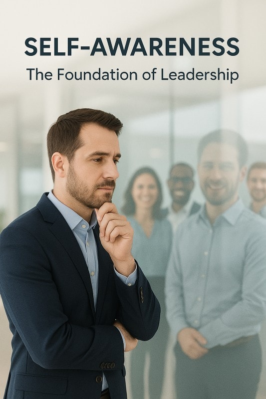 Business leader in navy suit reflecting on strengths and weaknesses with a team visible in the glass reflection, symbolizing self-awareness as the foundation of leadership development in the workplace.