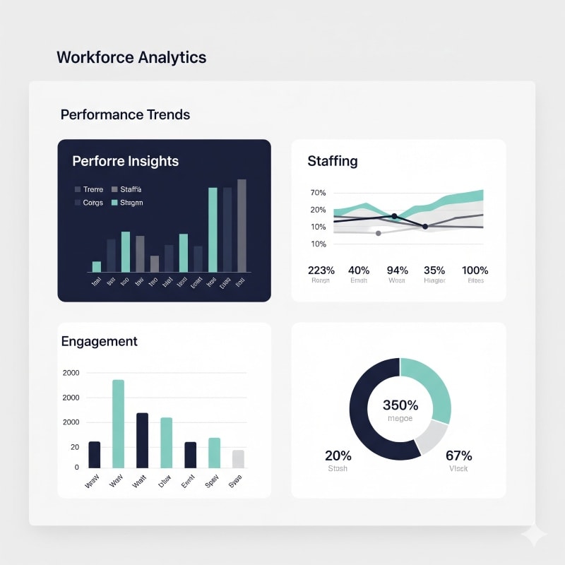 Workforce analytics dashboard featuring graphs for performance trends, staffing metrics, staffing insights, and employee engagement (67%). Clean, modern design with a professional HR software aesthetic.