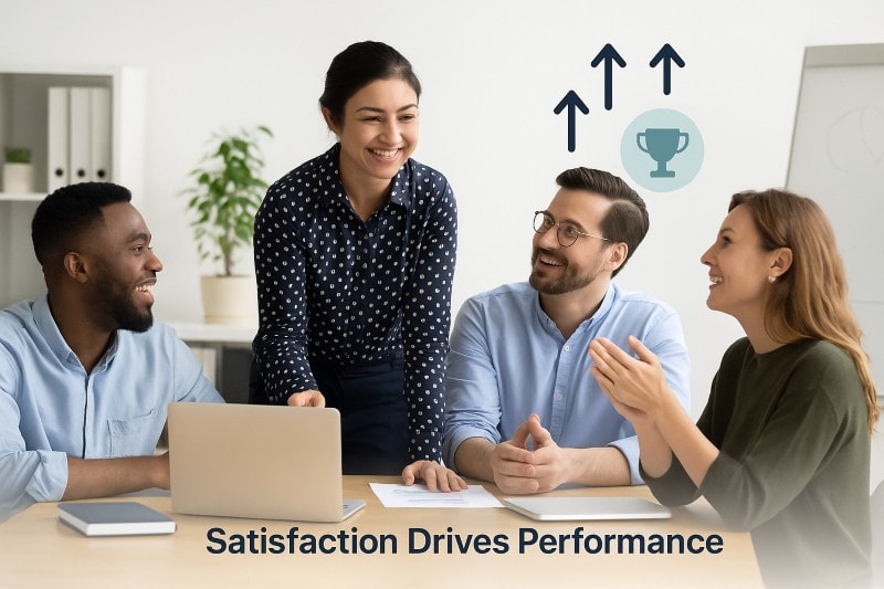Photo of a diverse, engaged team of four professionals in a modern office, smiling and collaborating around a table with laptops and documents. Overlay graphics include upward-pointing arrows and a trophy icon, symbolizing growth, achievement, and recognition. Text at the bottom reads: “Satisfaction Drives Performance.” Clean, light setting with a soft, professional aesthetic.