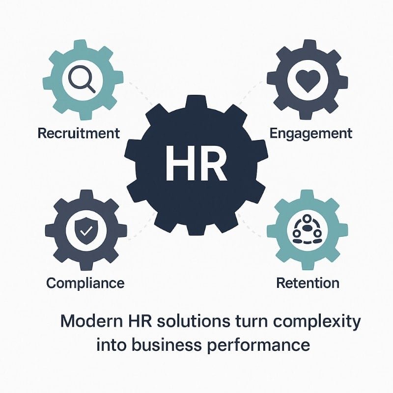 Infographic showing HR as the engine of business success. A central navy gear labeled HR connects to Recruitment, Engagement, Compliance, and Retention, with icons for each. Caption reads: Modern HR solutions turn complexity into business performance.