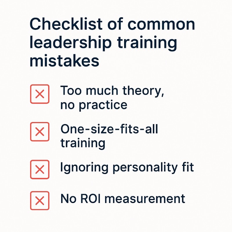 Checklist graphic highlighting common leadership training mistakes: too much theory, one-size-fits-all training, ignoring personality fit, and no ROI measurement.