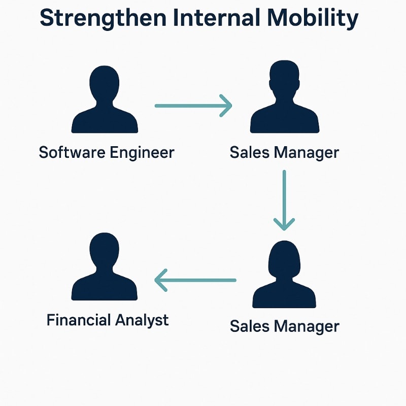 Minimalist infographic showing internal mobility in the workplace, with silhouettes connected by arrows to illustrate employee career progression between roles.