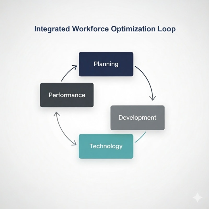 A circular workflow diagram titled "Technology-Driven Optimization: A Strategic Workforce System." The loop consists of four interconnected components: Planning, Performance, Development, and Technology, illustrating a continuous, integrated process.