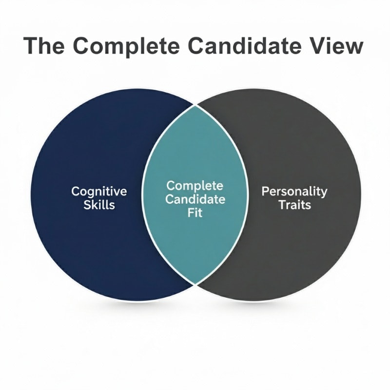 A Venn diagram showing "Cognitive Skills" and "Personality Traits" overlapping in the center, which is labeled "Complete Candidate Fit." The headline reads "The Complete Candidate View."