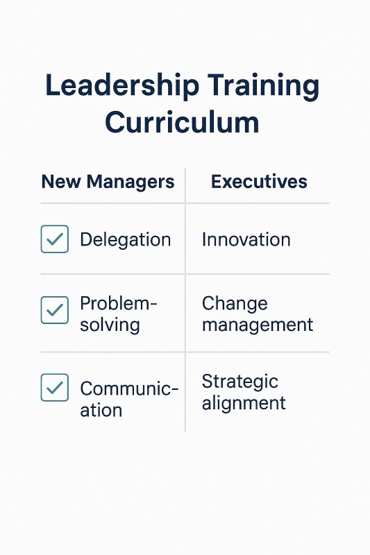 Leadership training curriculum checklist with two columns: new managers focusing on delegation, problem-solving, and communication; executives focusing on innovation, change management, and strategic alignment.
