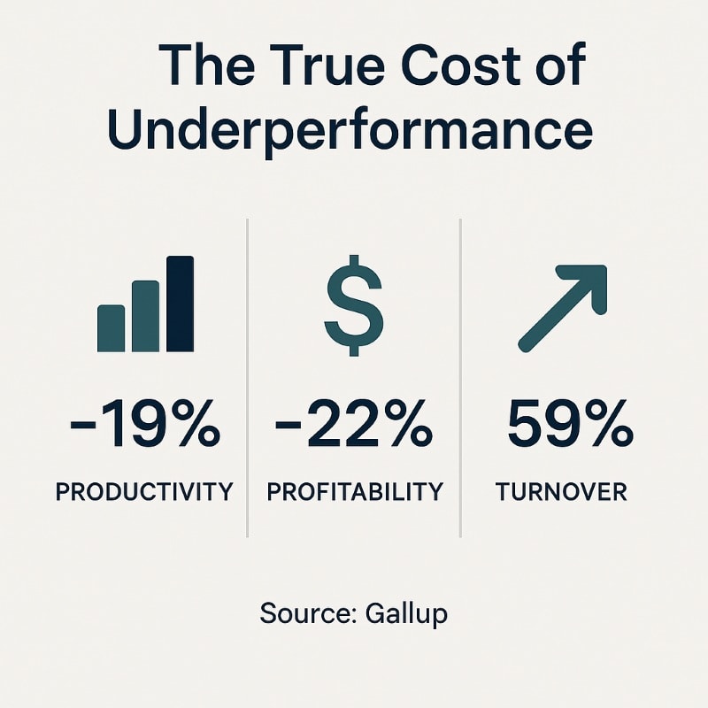 An infographic titled “The True Cost of Underperformance” presents three statistics with corresponding icons on a light gray background. A bar graph icon represents a 19% drop in productivity, a dollar sign icon shows a 22% decrease in profitability, and an upward arrow icon indicates a 59% increase in turnover. Each stat is displayed in dark teal with bold sans-serif typography. The source “Gallup” is noted at the bottom, reinforcing the credibility of the data. The layout is clean, minimalist, and aligned with a modern HR software brand aesthetic.