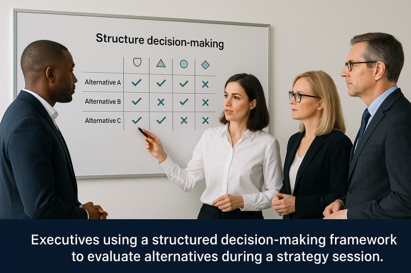 Image Placement Suggestion (centered, end of section):A group of executives reviewing options on a whiteboard or digital dashboard, illustrating structured decision making in action. SEO Alt Text:“Executives using a structured decision-making framework to evaluate alternatives during a strategy session.”