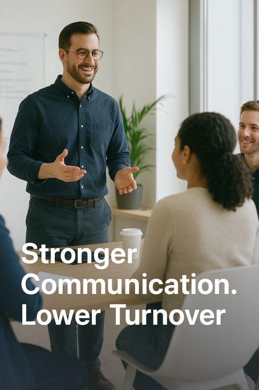 Manager engaging with team to strengthen communication and reduce turnover.