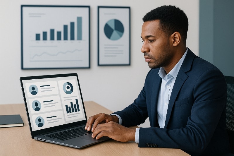 HR professional using Talent HR software to review candidate profiles and workforce data.