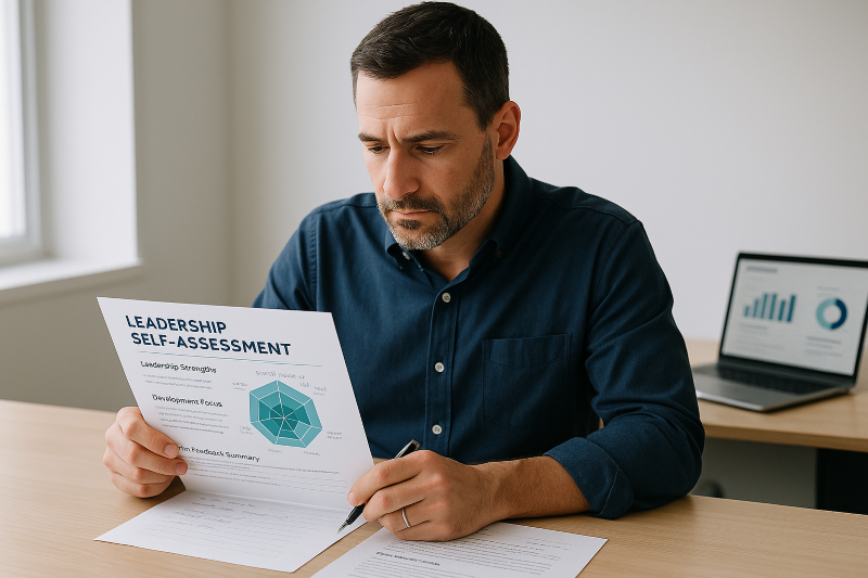 Manager conducting leadership self-assessment using structured framework