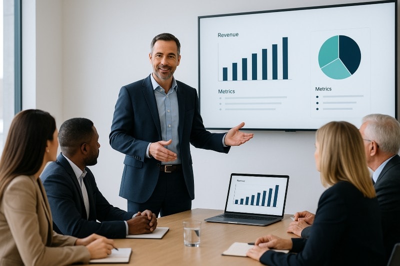 Business leader showcasing the benefits of structured decision making with data-driven outcomes in a board presentation.