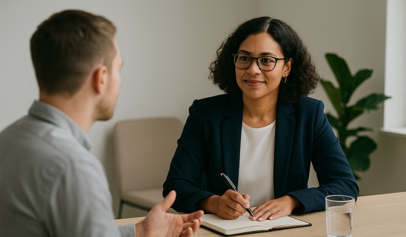 HR manager conducting an exit interview to gather feedback and insights.