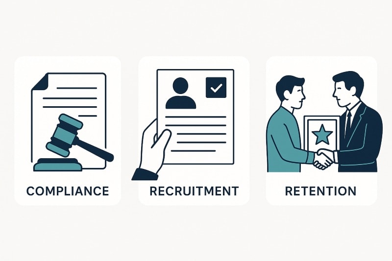 Three common HR challenges — compliance, recruitment, and retention — with strategies to overcome them.