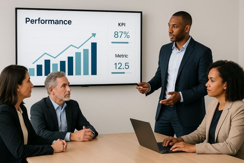 Executives integrating data insights into leadership and team alignment decisions
