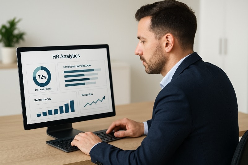 HR manager reviewing talent management KPIs such as employee satisfaction, job performance, and retention metrics.