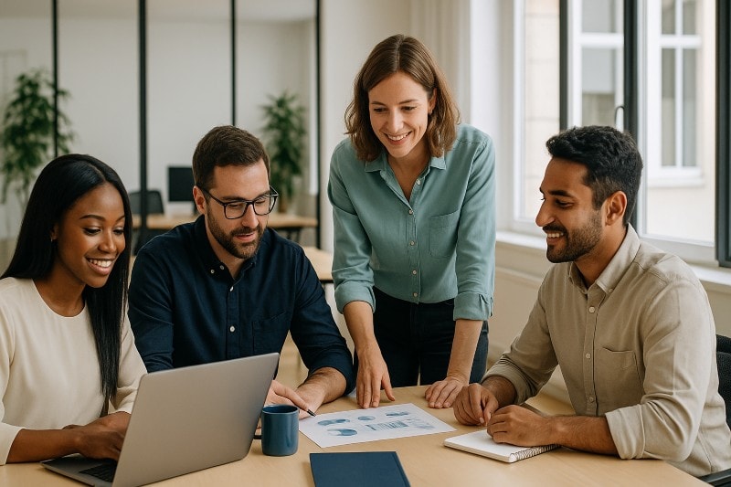 Employees working together in a positive work environment supported by strong Talent HR practices.