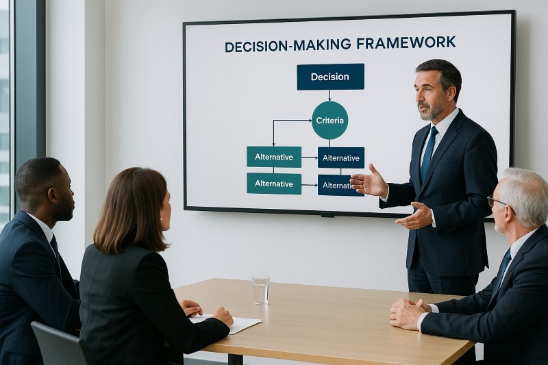 Business leader presenting a structured decision-making framework to executives in a boardroom.