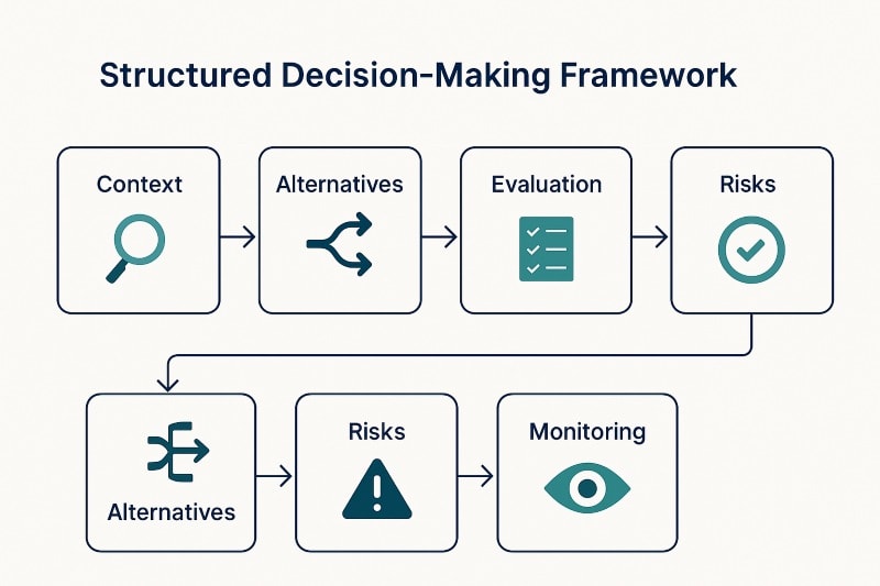 Structured decision-making framework illustrated as a step-by-step flowchart for business leaders.