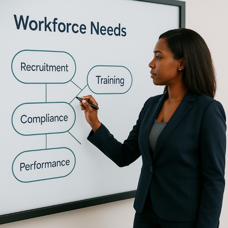 HR professional identifying organizational HR needs to align recruitment, training, and compliance with business goals.
