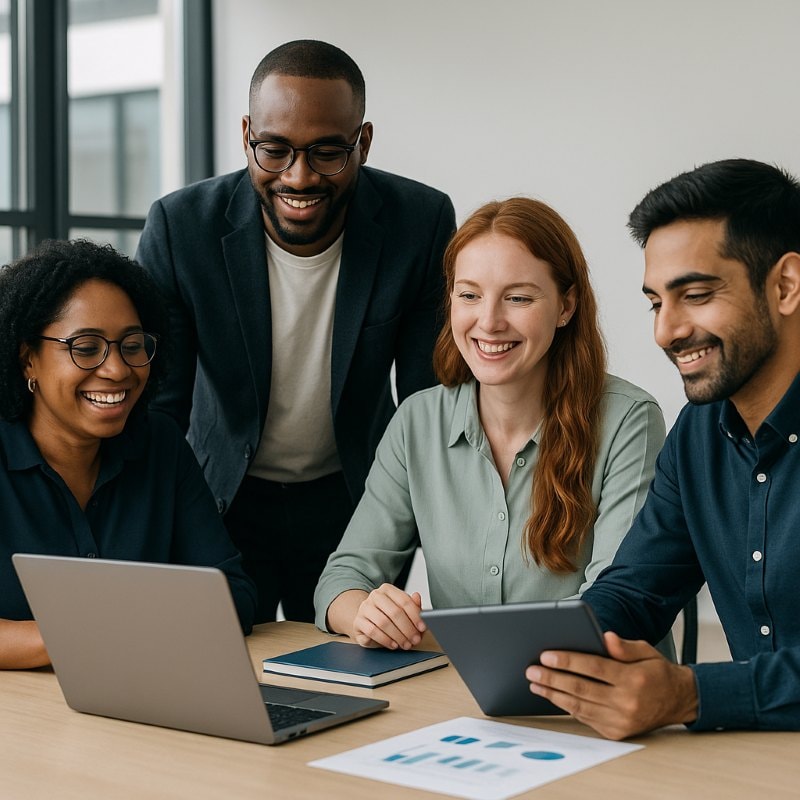 Employees collaborating in an office, showing how Talent HR strategies improve performance and retention.