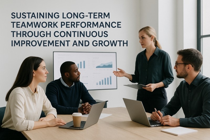 Team reviewing progress and planning future goals, representing sustained teamwork performance through continuous improvement and growth.