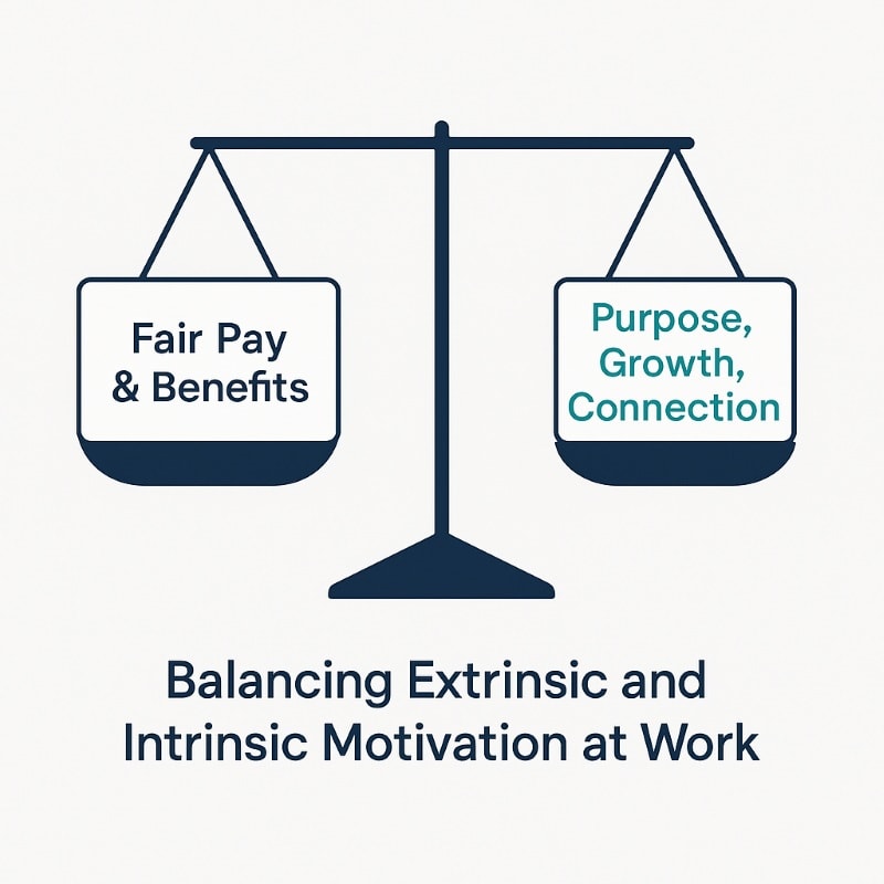 Illustration of the balance between extrinsic rewards and intrinsic motivators in work motivation.