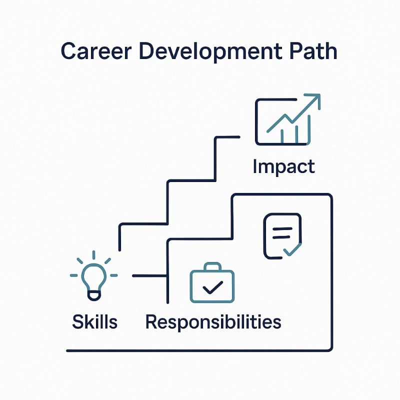 Career development path illustrating how employees grow skills, responsibilities, and impact over time.