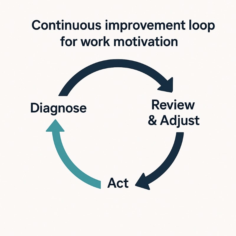 Cycle of diagnosing, acting, and reviewing to continuously improve work motivation.
