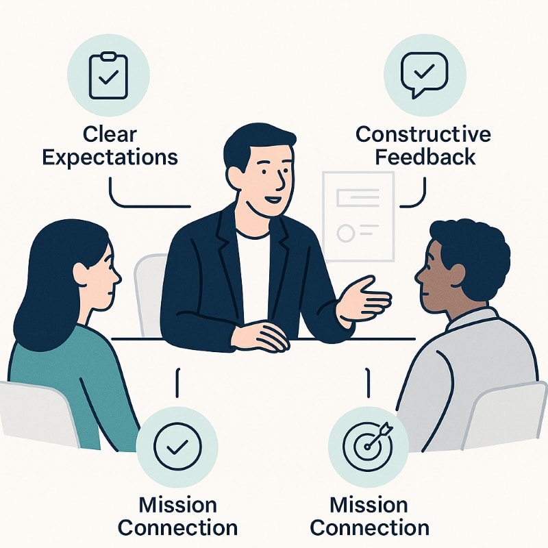 Leader communicating expectations, feedback, and mission to motivate employees.