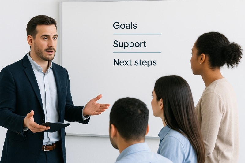 Team meeting focused on goals, support, and next steps as part of daily management habits.