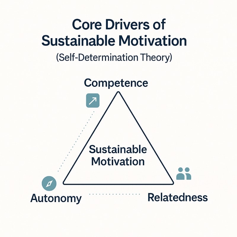 Self-determination theory model illustrating competence, autonomy, and relatedness as drivers of motivation.