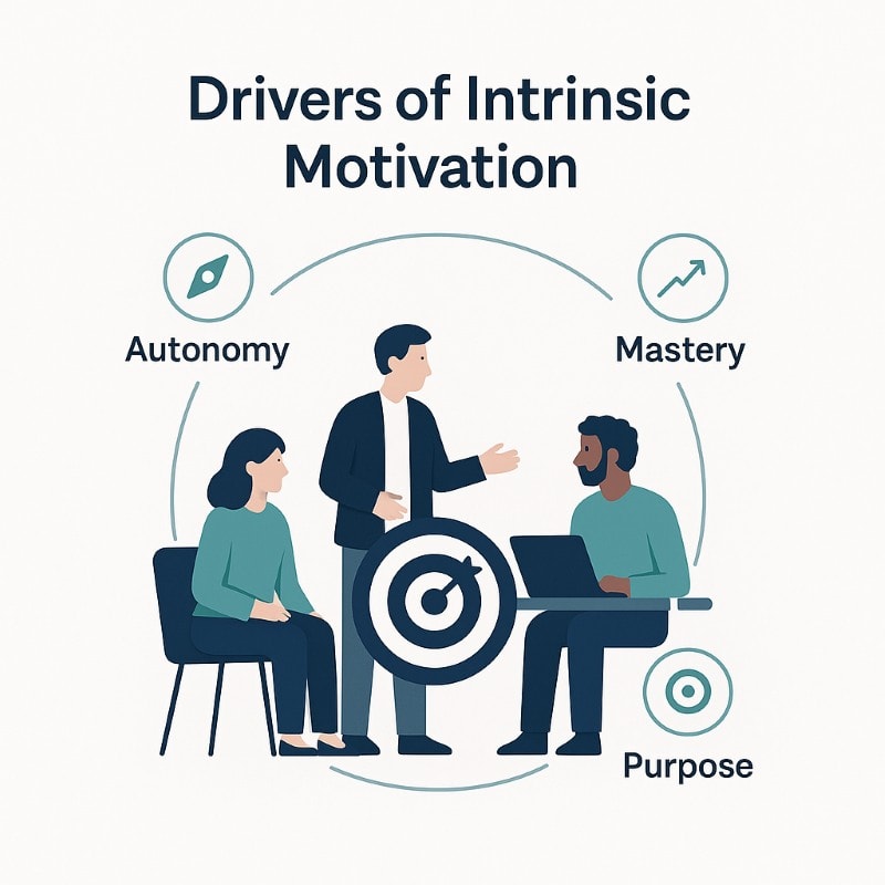Team collaborating with autonomy, mastery, and purpose as drivers of intrinsic motivation.