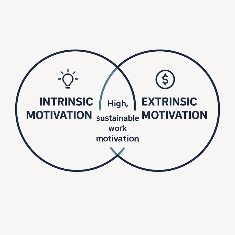 Venn diagram showing how intrinsic and extrinsic motivation combine to influence work motivation at work.
