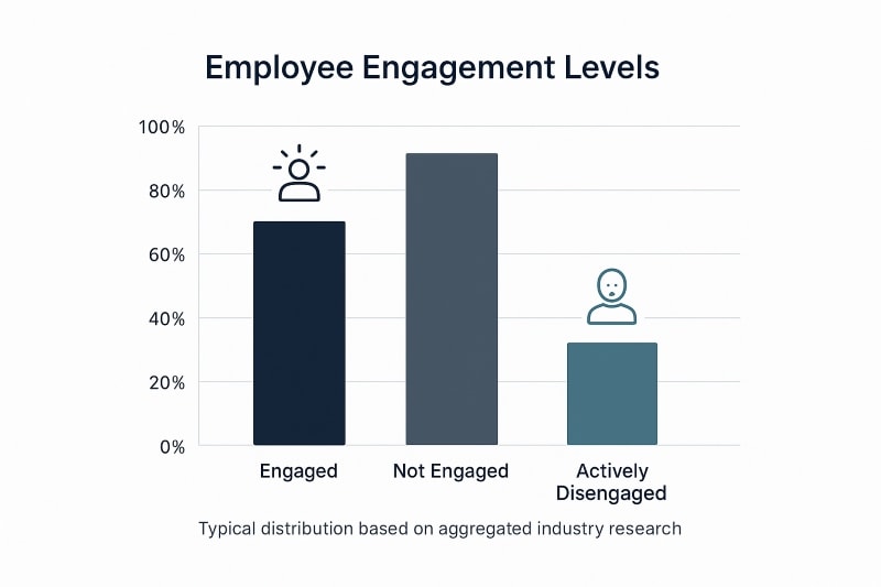 Comparison of employee engagement levels: engaged, not engaged, and actively disengaged workers.