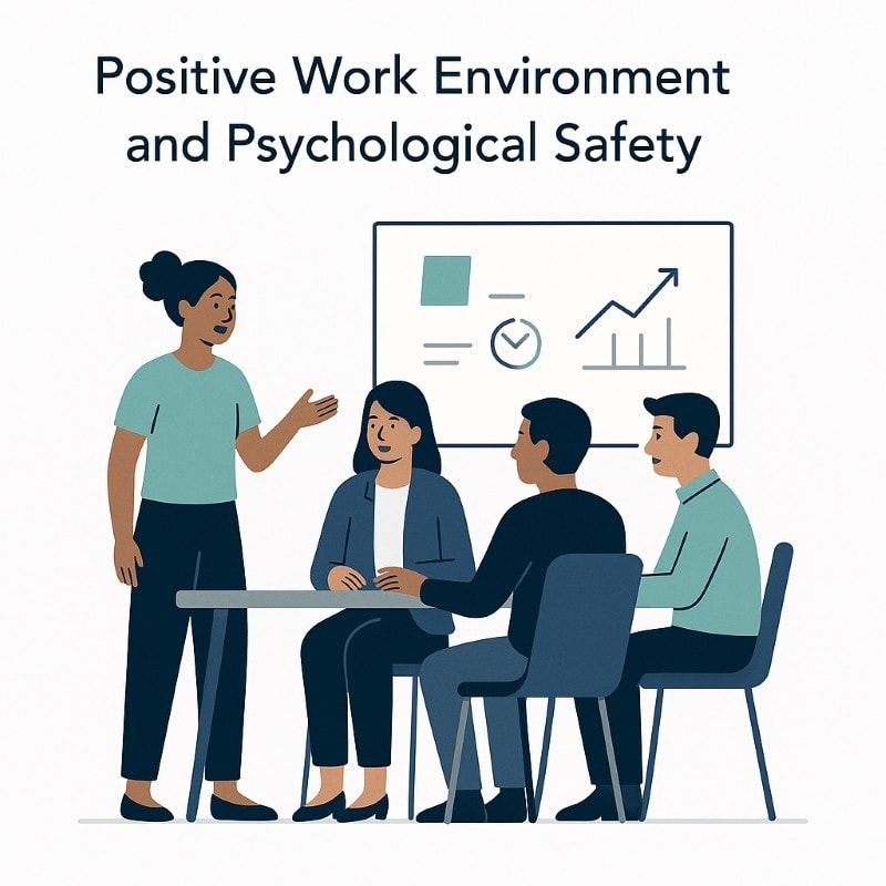 Team meeting in a positive work environment with open communication and psychological safety.