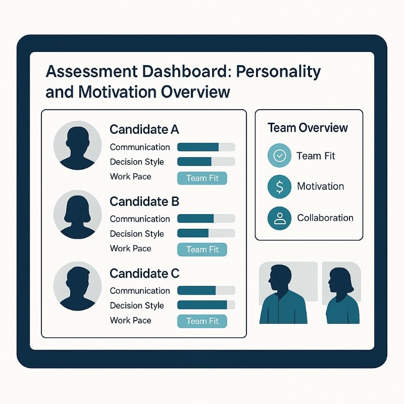 Assessment dashboard showing personality and motivation profiles used for job fit and team design.